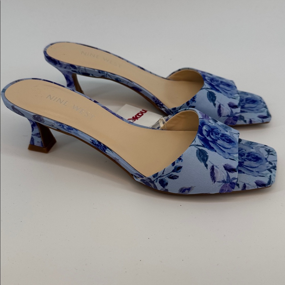 Nine West Blue Floral Slide Heels Women’s Sz 6.5 Satin Open Toe Dress Shoes NWT